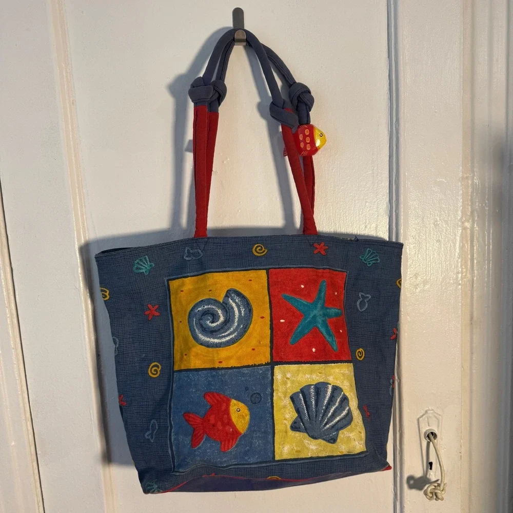 Vtg 90s Nautical Fish Canvas Tote Blue Red Beach Bag Wood Charm Maximalist Sea